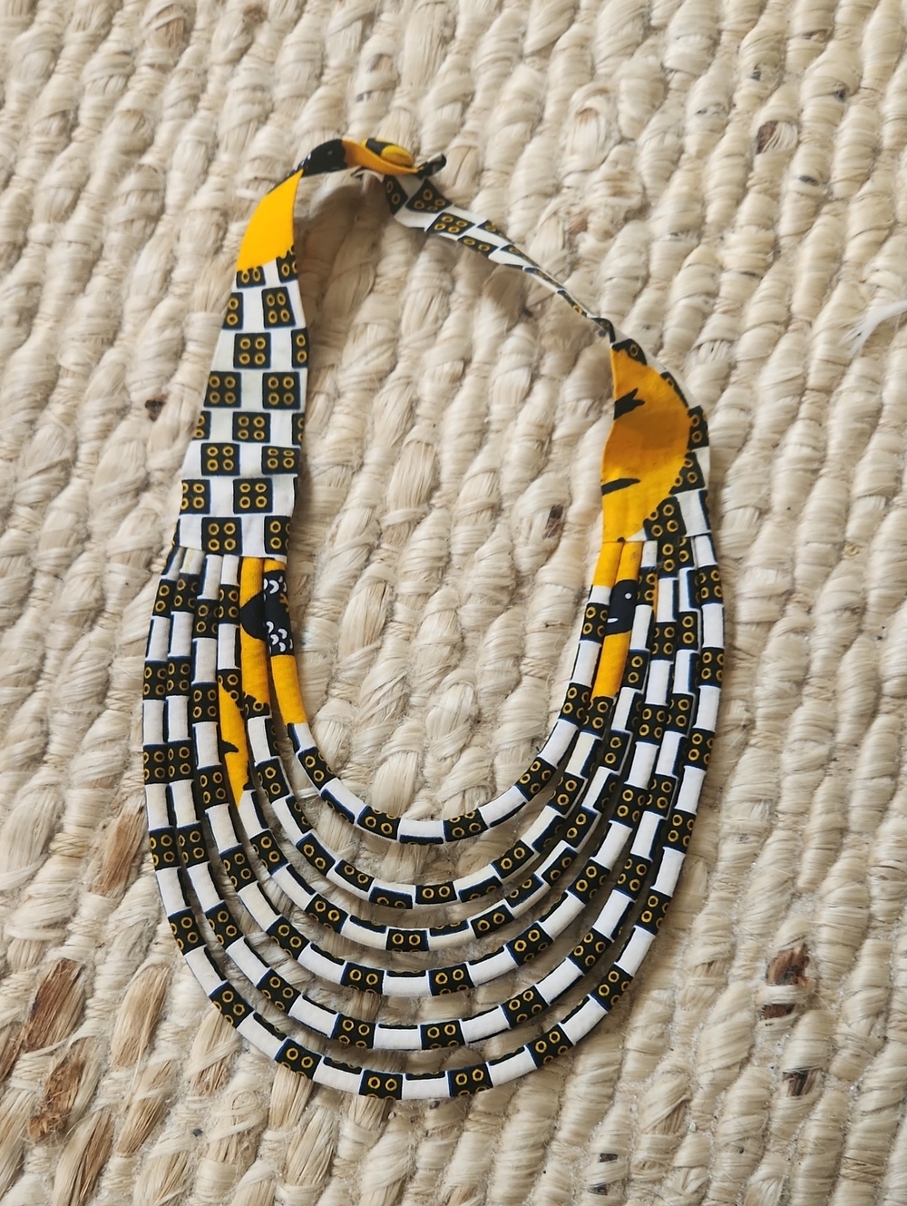 Multi-Strand Yellow, Black & White Fabric Layered Necklace - Women Jewelry